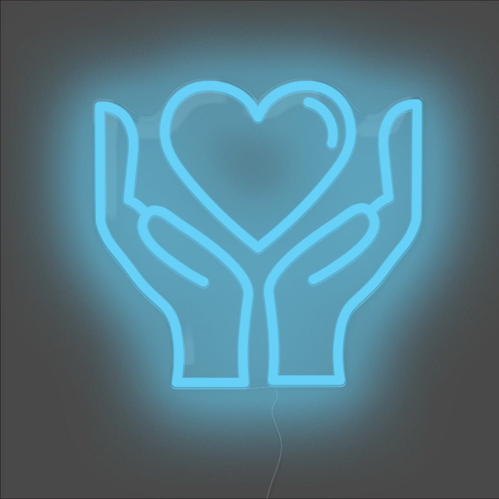 Hands Holding Heart Neon Sign - Unrivaled Neon - Light Blue #color_light blue